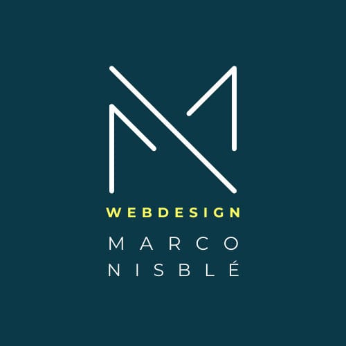 Ein elegantes und minimalistisches Logo mit den Buchstaben „mn“, stilisiert in weißen Linien auf einem dunkelblauen Hintergrund, die die Initialen von „marco nisble“ darstellen, platziert über dem gelb-weißen Text mit der Aufschrift „webdesign“.