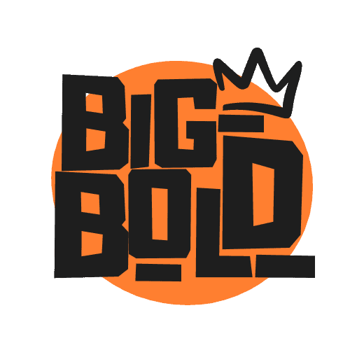 „Groß, fett“ – Textüberlagerung mit einer stilisierten Kronengrafik auf orangefarbenem Basketball-Hintergrund.