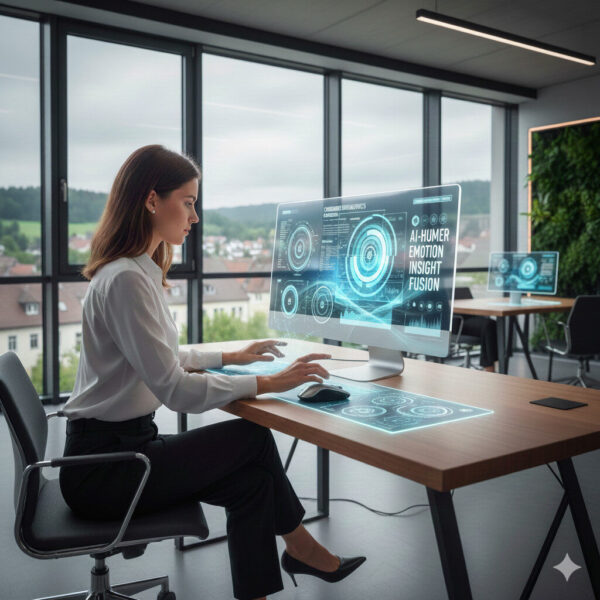 Eine Frau in Geschäftskleidung arbeitet an einem Schreibtisch mit einem futuristischen holografischen Computerbildschirm, der Daten zur Verkaufspsychologie und Emotionsanalyse in einem modernen Büro mit großen Fenstern und Grünpflanzen anzeigt.