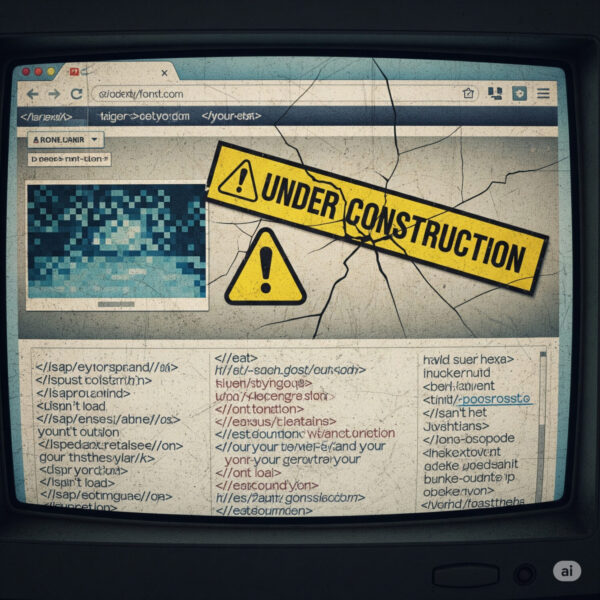 Ein Computerbildschirm zeigt einen zerbrochenen Webbrowser mit verpixelten Grafiken, HTML-Code und einem gelben "Under Construction"-Schild - ein Hinweis darauf, wie Webdesign Buchen eine teure Website verhindert, die keiner sieht, indem es sicherstellt, dass Ihre Website nicht unvollendet bleibt.