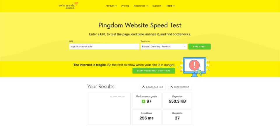 Eine Website-Geschwindigkeitstestseite mit gelbem Hintergrund.