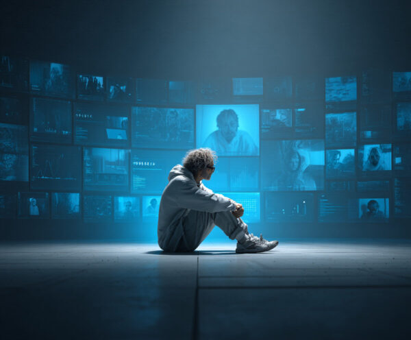 Eine Person sitzt allein auf dem Boden in einem schwach beleuchteten Raum, umgeben von großen Bildschirmen, auf denen Diagramme und Videos über Konversionsratenstrategien zu sehen sind - die blaue Beleuchtung verstärkt das Gefühl der Isolation und der digitalen Immersion im KI-Marketing.