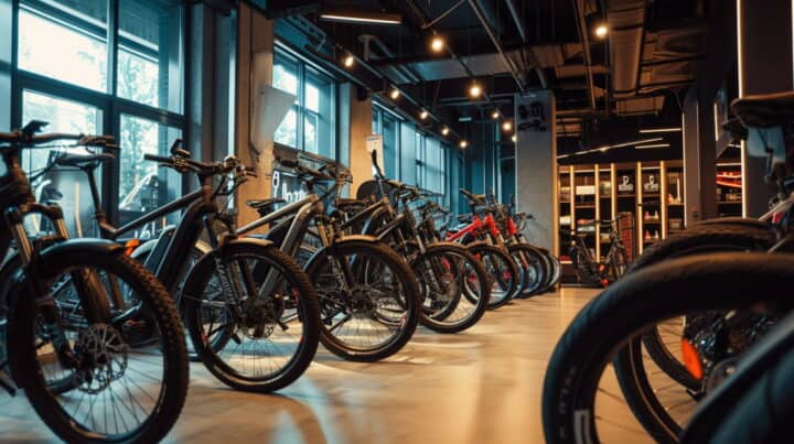 Eine Reihe von Fahrrädern, die in einem Geschäft geparkt sind.
