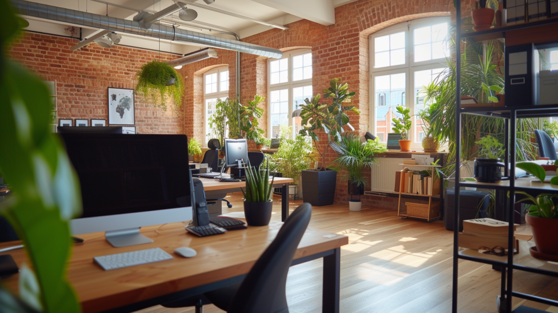 Ein Büro mit vielen Pflanzen und einem Schreibtisch.