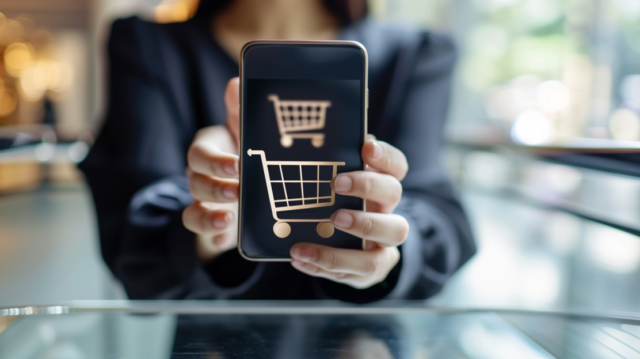 Eine Frau hält ein Smartphone mit einem Einkaufswagen darauf und präsentiert SEO-Optimierung für einen Online-Shop.